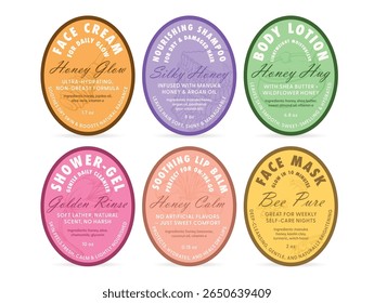 Natural Honey Based Cosmetic Label Set Including Face Cream, Shampoo, Body Lotion And More For Skin Care Lovers