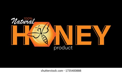 Natural honey. Business card, emblem, label. Linear bee logo, honeycomb and the inscription on a black background. 