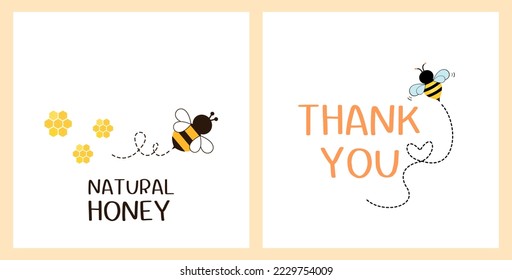 Tarjeta de miel natural con dibujos animados de abejas y signo abstracto de miel de abeja sobre fondo blanco. Gracias tarjeta con dibujos animados de abejas, fuentes escritas a mano e ilustración vectorial de línea de puntos cardíacos.