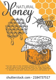 Natural honey card vector. Promotion cover, badge or flyer design template with text. Marketing material for honey products sale