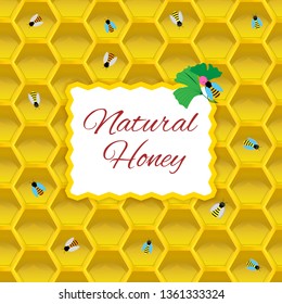 Natural honey concept. Vector illustration of banner with frame on background of honeycomb.