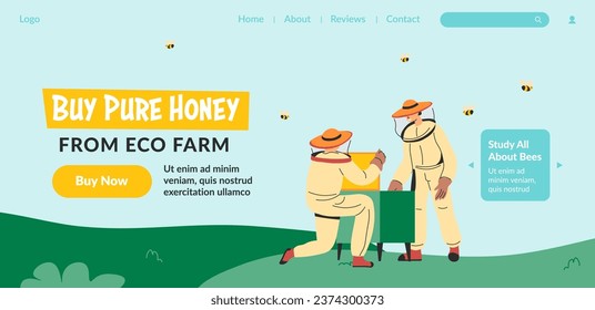 Natural honey from ecological farm, from plants without chemical treatment. Pure product with no artificial additives for vegetarians and dieting. Website landing page template. Vector in flat