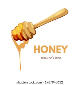 Natural honey flat vector banner template. Nectar on wooden spoon, dripper cartoon illustration. Homemade bio product poster layout with text. Tasty organic dessert, delicious food