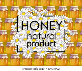 Natural honey and flowers. Organic food. Ecological product. Frame with text. Decor elements for web sites, banners, cards, posters, flyers, advertising. Abstract background. Vector illustration