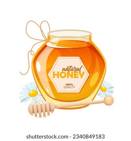 Natural honey in a glass jar with a wooden dipper and flowers