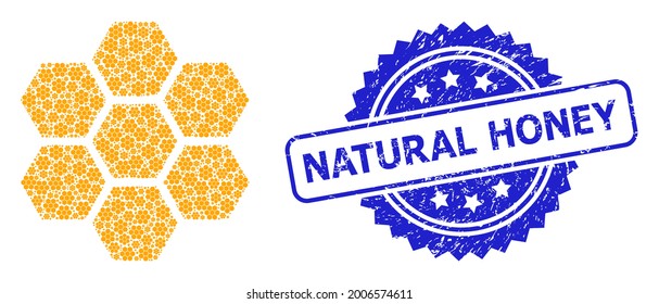 Natural Honey grunge stamp seal and vector recursion collage honeycombs. Blue stamp seal contains Natural Honey title inside rosette.