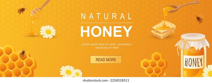 Natural honey horizontal web banner. Honey jar, breads, honeycomb, bee, chamomile, organic healthy food and sweet product. Vector illustration for header website, cover templates in modern design