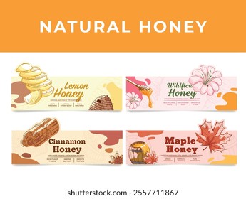 Natural honey lemon wildflower cinnamon maple label set engraved vector illustration. Local bee product sweet organic dessert healthy food fresh nectar package sticker design template