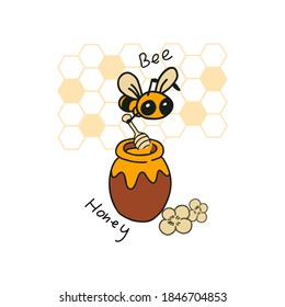 Natural Honey Logo Design with bee making honey and honey jar. Vector Illustration Creative Design.