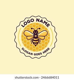 Natural Honey Logo Design Beehive Logo Template. Circular Honey Bee Logo Design for Beekeeping and Honey Business