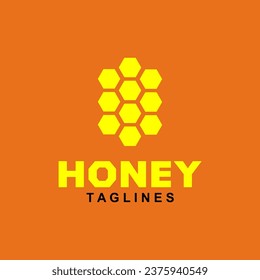 Natural honey logo label concept, with hexagon honeycomb nectar symbol. Beekeeping badge brand identity template. Vector illustration.