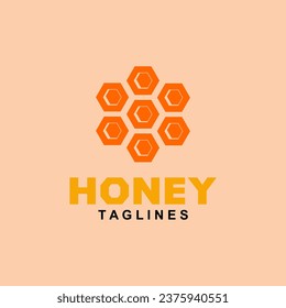 Natural honey logo label concept, with hexagon honeycomb nectar symbol. Beekeeping badge brand identity template. Vector illustration.