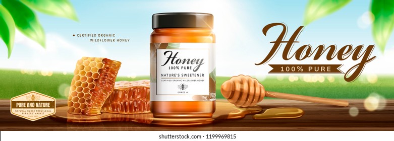 Natural Honey Product With Beehive On Wooden Table In 3d Illustration, Bokeh Nature Background