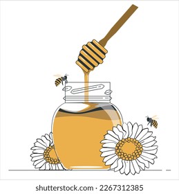 Natural honey product with beehive on tree trunk section platform in 3d illustration, white flower. Realistic vector with honey, pieces of honeycomb, flying bee, chamomile flowers, propolis, 