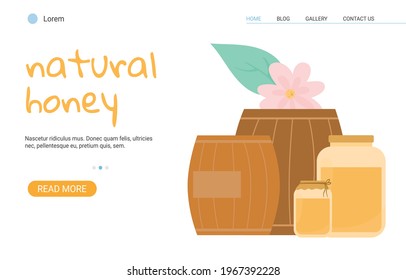 Natural honey production and distribution website banner template with various honey vessels and barrels, flat vector illustration. Beekeeping and apiculture promotion.