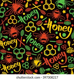 Natural honey seamless pattern. Color print on black background