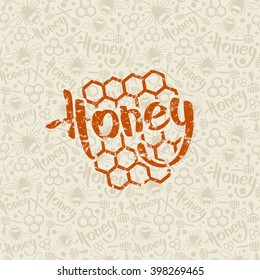 Natural honey seamless pattern and emblem. Color print on light grey pattern background