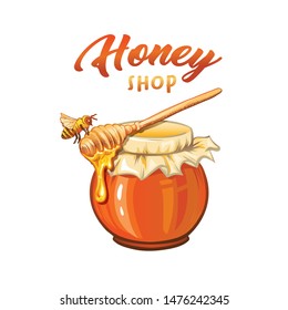 Natural honey shop flat banner vector template. Organic product, beeswax sale business. Agriculture, apiculture cartoon poster layout. Packaging with dipper and bee illustration with lettering