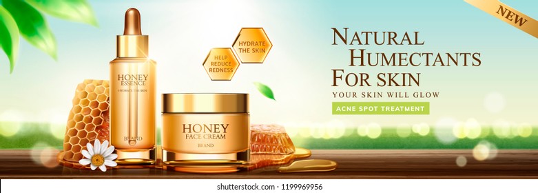 Natural honey skin care banner ads with beehive and containers on nature bokeh background, 3d illustration