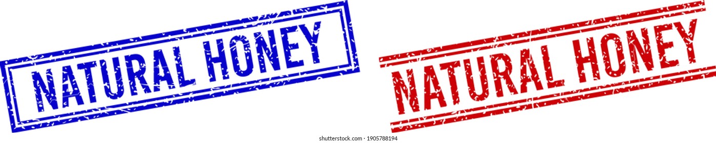 NATURAL HONEY stamp watermarks with grunge style. Vectors designed with double lines, in blue and red versions. Phrase placed inside double rectangle frame and parallel lines.
