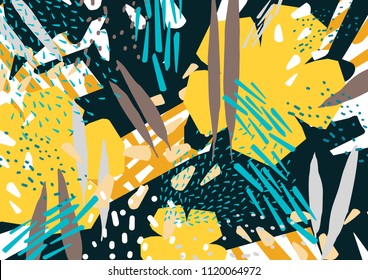 Natural horizontal backdrop with colorful abstract stains, smears and flowers. Bright colored botanical decorative background. Colorful floral vector illustration in creative contemporary art style