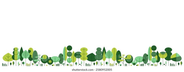 Natural horizontal light minimalistic background with row of geometric trees below for banner, poster, presentations, social media. Universal vector template
