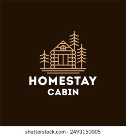 Natural hotel cabin with tree  logo. Cottage Logo  Forest Home Travel Cabin Camp Wood House. guest house vacation camping concept logo