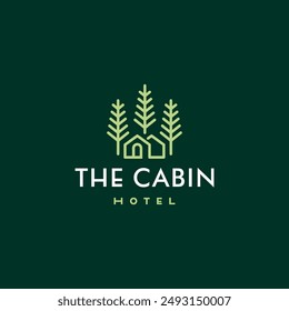 Cabaña de hotel natural con logotipo de árbol. Logotipo de cabaña Forest Home Travel Cabin Camp Wood House. logo del concepto de vacaciones de camping de la casa de huéspedes