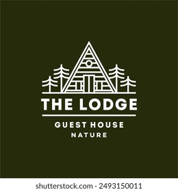 Natural hotel cabin with tree  logo. Cottage Logo  Forest Home Travel Cabin Camp Wood House. guest house vacation camping concept logo