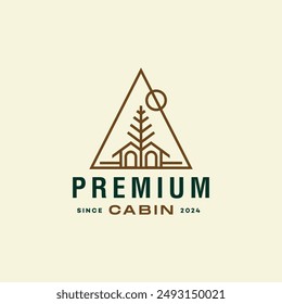 Natural hotel cabin with tree  logo. Cottage Logo  Forest Home Travel Cabin Camp Wood House. guest house vacation camping concept logo