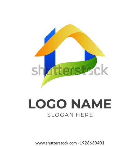 natural house logo, house and leaf, combination logo with 3d colorful style