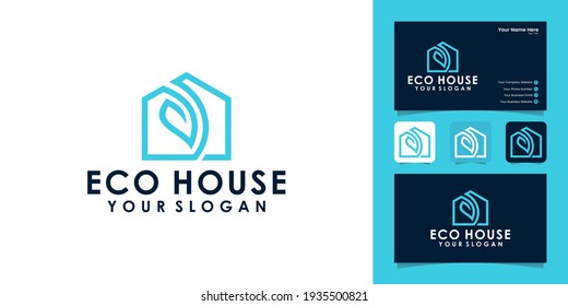 Natural house logo with leaves and abstract house design template and business card