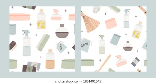 Natural household cleaners. Eco friendly detergents, chemical free. Zero waste lifestyle. Environmentally friendly cleaning. Green home concept. Vector flat cartoon illustration, seamless pattern