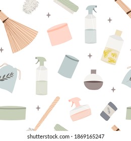 Natural household cleaners. Eco friendly detergents, chemical free. Zero waste lifestyle. Environmentally friendly cleaning. Green home concept. Vector flat cartoon illustration, seamless pattern
