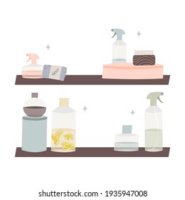 Natural household cleaners on bathroom shelves for domestic life: bottle, sprayer. Eco friendly detergents, chemical free. Zero waste lifestyle. Green home concept. Vector flat cartoon illustration