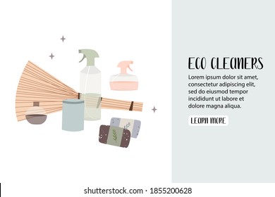 Natural household cleaners: soda, vinegar, lemon, laundry soap. Eco friendly detergents, chemical free. Zero waste lifestyle. Green home concept. Vector flat cartoon illustration, landing page, banner