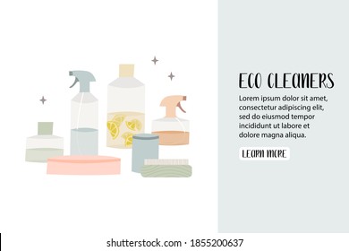 Natural household cleaners: soda, vinegar, lemon, laundry soap. Eco friendly detergents, chemical free. Zero waste lifestyle. Green home concept. Vector flat cartoon illustration, landing page, banner