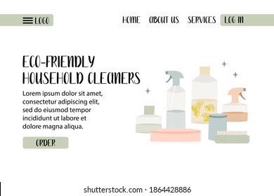 Natural household cleaners: soda, vinegar, lemon, laundry soap. Eco friendly detergents, chemical free. Zero waste lifestyle. Green home concept. Vector flat cartoon illustration, landing page, banner