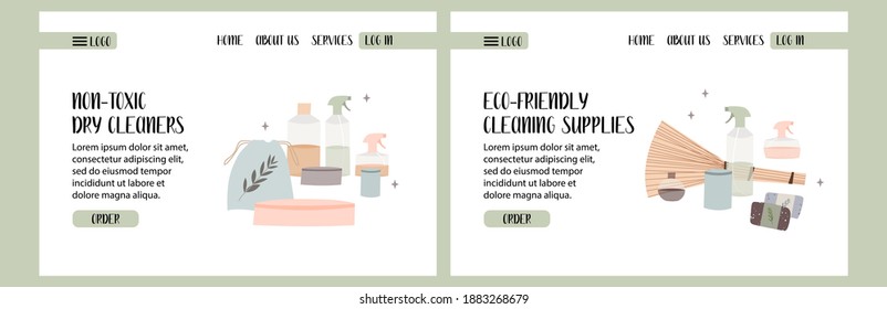 Natural household cleaners: soda, vinegar, lemon, laundry soap. Eco friendly detergents, chemical free. Zero waste lifestyle. Green home concept. Vector flat cartoon illustration, landing page, banner