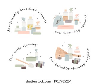 Natural household cleaners: soda, vinegar, lemon, mustard powder, salt, laundry soap. Eco friendly detergents, chemical free. Zero waste lifestyle. Green home concept. Vector flat cartoon illustration