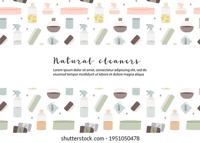 Natural household cleaners: soda, vinegar, lemon, mustard powder, salt, laundry soap. Eco friendly detergents, chemical free. Zero waste lifestyle. Green home concept. Vector flat cartoon illustration