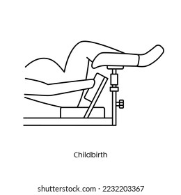 Natural human childbirth icon line in vector, illustration of a woman in labor on a gynecological chair.