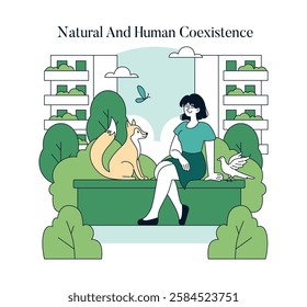 Natural and human coexistence concept. The illustration captures the harmony between people and wildlife in urban settings. A woman interacts with a dog and a bird in a green environment symbolizing