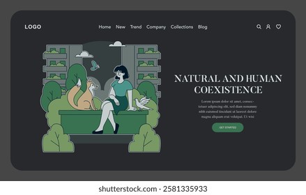 Natural and human coexistence theme. The illustration portrays a serene scene where a woman interacts with wildlife, emphasizing harmony between nature and urban life. Green surroundings foster a