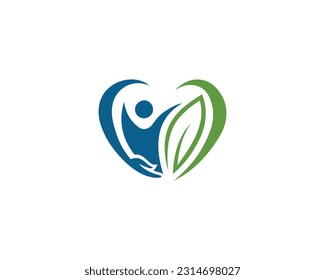 Natural Human Leaf Heart Logo Design. Heart Made of Hands, People and Leaves Creative Vector Icon.