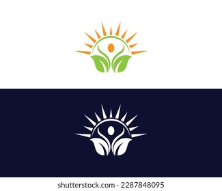 Natural Human And Wellness Life Logo Design With Sun Symbol Vector Icon illustration.