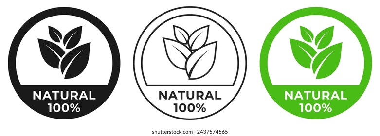 Natural icon. 100 organic illustration sign. Vegetarian logo, badge or symbol. Chemicals free stamp, logo, logotype, sticker, emblem, mark or seal isolated.