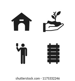 natural icon. 4 natural vector icons set. drinking, railroad with wood planks and dog house icons for web and design about natural theme