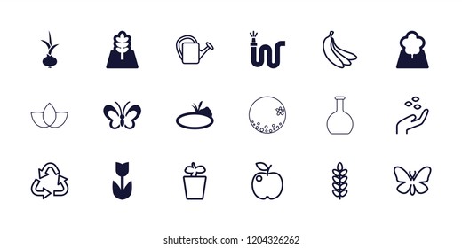 Natural icon. collection of 18 natural filled and outline icons such as flower, water hose, tree, pond, hand with seeds, butterfly. editable natural icons for web and mobile.