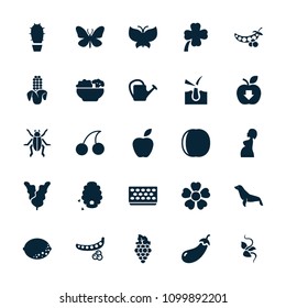 Natural icon. collection of 25 natural filled icons such as peas, eggplant, butterfly, seal, cherry, watering can, pot for plants. editable natural icons for web and mobile.